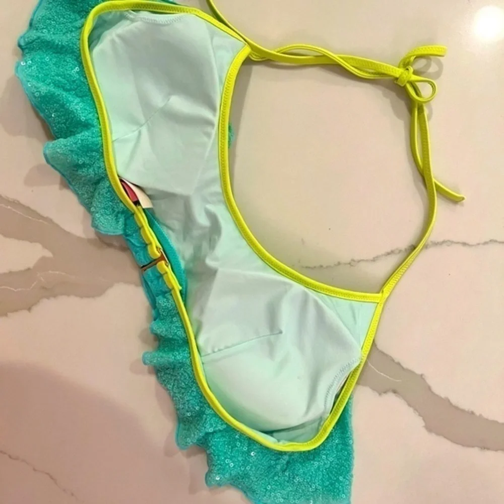 Victoria’s Secret Mint Green Sequins Halter Ruffle Bikini Top